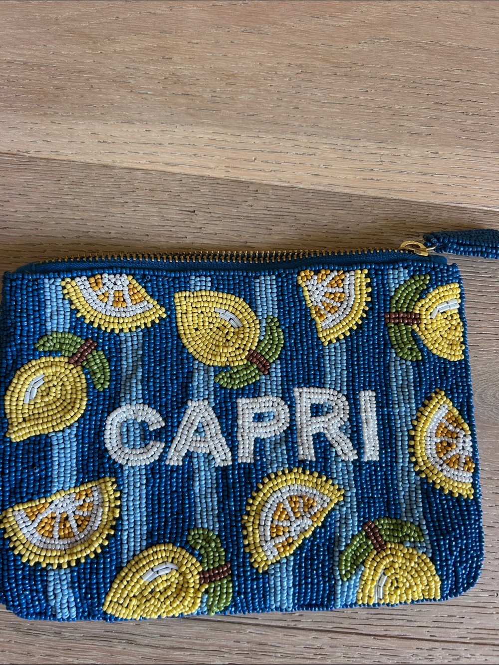 Anthropologie Blue Beaded Zip Pouch with Gold Trim - Picture 6 of 6